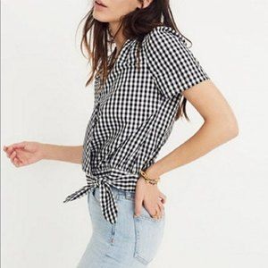 Madewell Black/White Gingham Wrap Tie Short Sleeve Top M